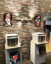 Frisches Second Hand Vinyl | Zwei Stehtische mit klaren Kisten gefüllt mit Vinyl-Platten